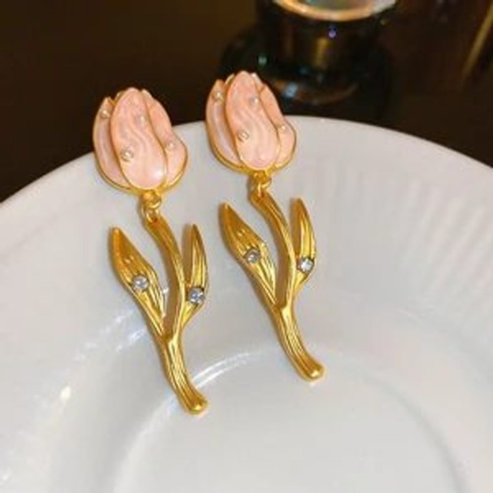 Pink Enamel Tulip Drop Earrings Gold Tone Floral Faux Pearl Crystal Accents - Picture 1 of 1